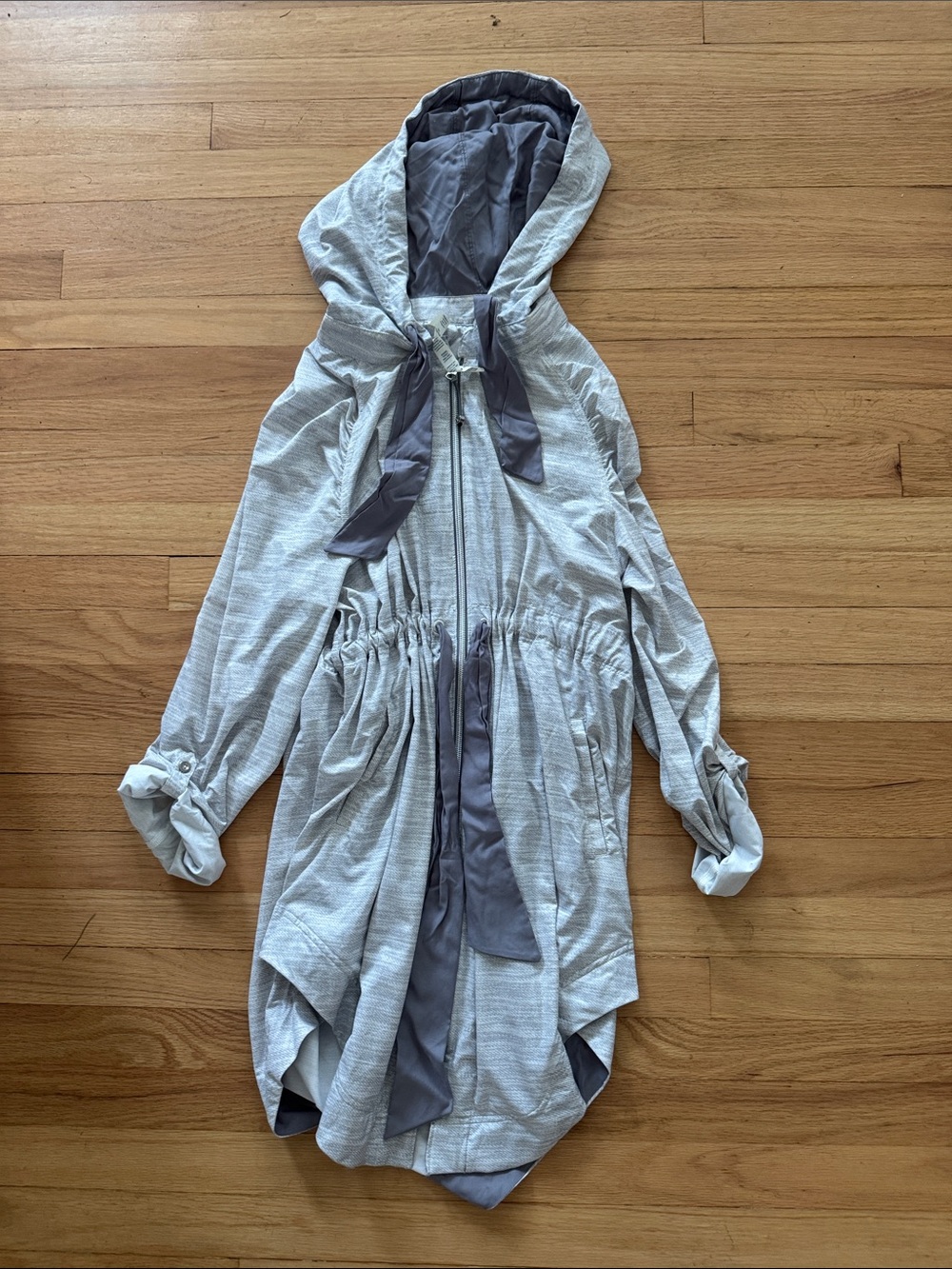 Lulu Lemon Long Light Gray Hooded Drawstring Jacket with Contrast Lining